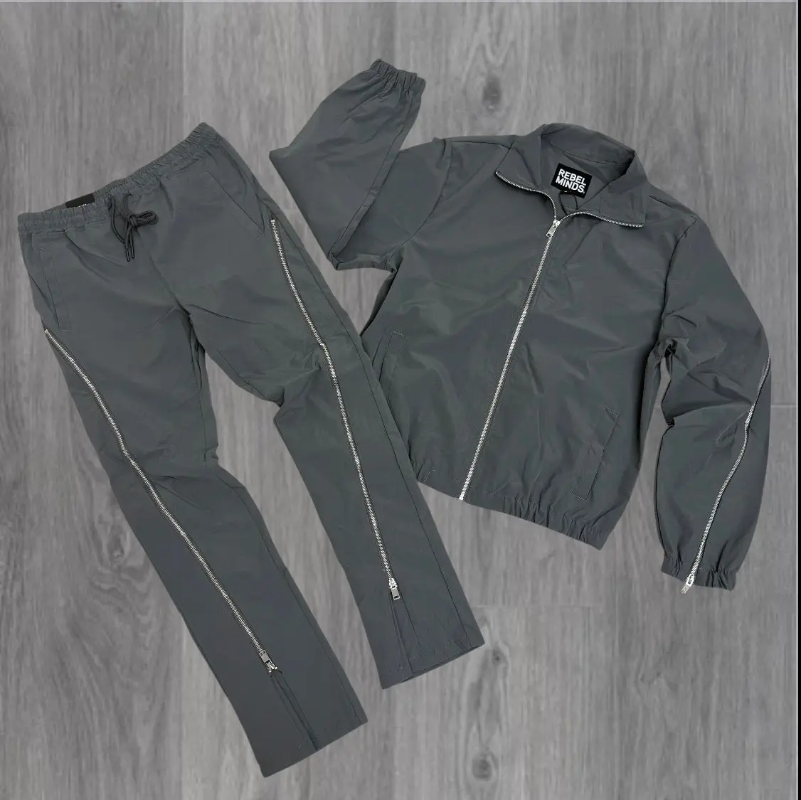 Rebel - SET - Flare Zipper windbreaker Pants & Jackets - Grey - 401501