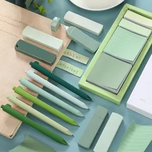 13pcs Green School Study Office Supplies, Including 6 Retractable Black Ink Gel Pens, 6 Correction Tape, 1 Box Sticky Notes