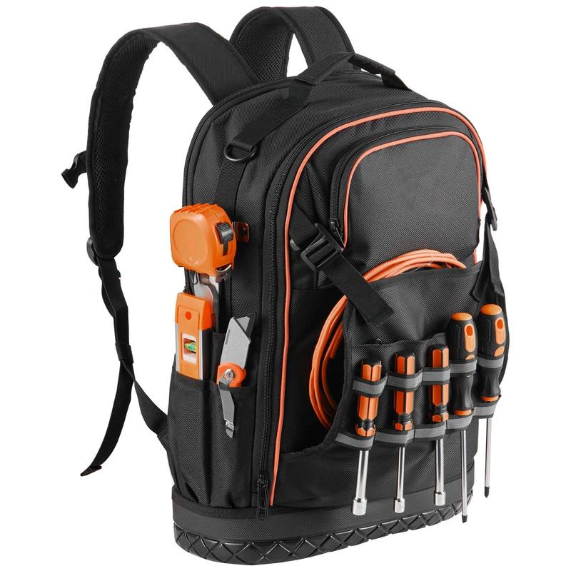 Heavy-Duty Tool Backpack with 65 Pockets: Storage Organizer Work Bag Featuring Laptop Compartment, Molded Base - Ideal for Electricians, Repairmen & HVAC Technicians