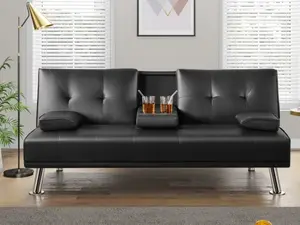 Renwick LuxuryGoods Faux Leather Futon Sleeper Sofa with Cupholders, Pillows and Reclining Backrest for Dorm Apartment
