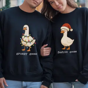 Funny Couple Sweatshirts for Christmas Funny Gift for Husband and Mom Dad Funny Couple Gift, Goose Sweatshirt, Grumpy Goose Festive Goose Matching Sweatshirt Set, Funny Holiday Goose Couple Sweater, Christmas Lights & Santa Hat Goose Tops
