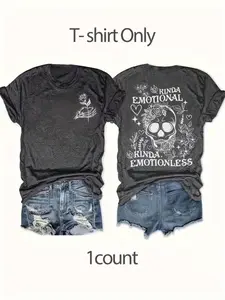 Women's Floral & Skull Print Round Neck Graphic Tee, Vintage Trendy Letter Graphic Short Sleeve Casual T-shirt for Daily Wear, Ladies All Seasons Outfit, Womenswear