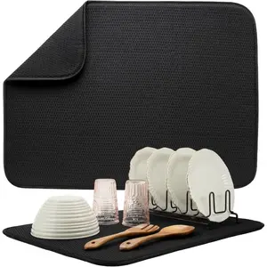 Dish Drying Mat, XL 18” x 24”, Absorbent Microfiber for Kitchen Counter, Drying Pad for Dishes, Utensils, Pots and Pans, Diamond Texture, Black