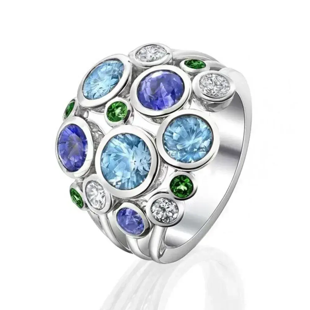 Fashion Round Hollow Out Female 925 Sterling Silver Ring Jewelry Blue/green CZ Shine Stone Party Accessories Stylish Gift