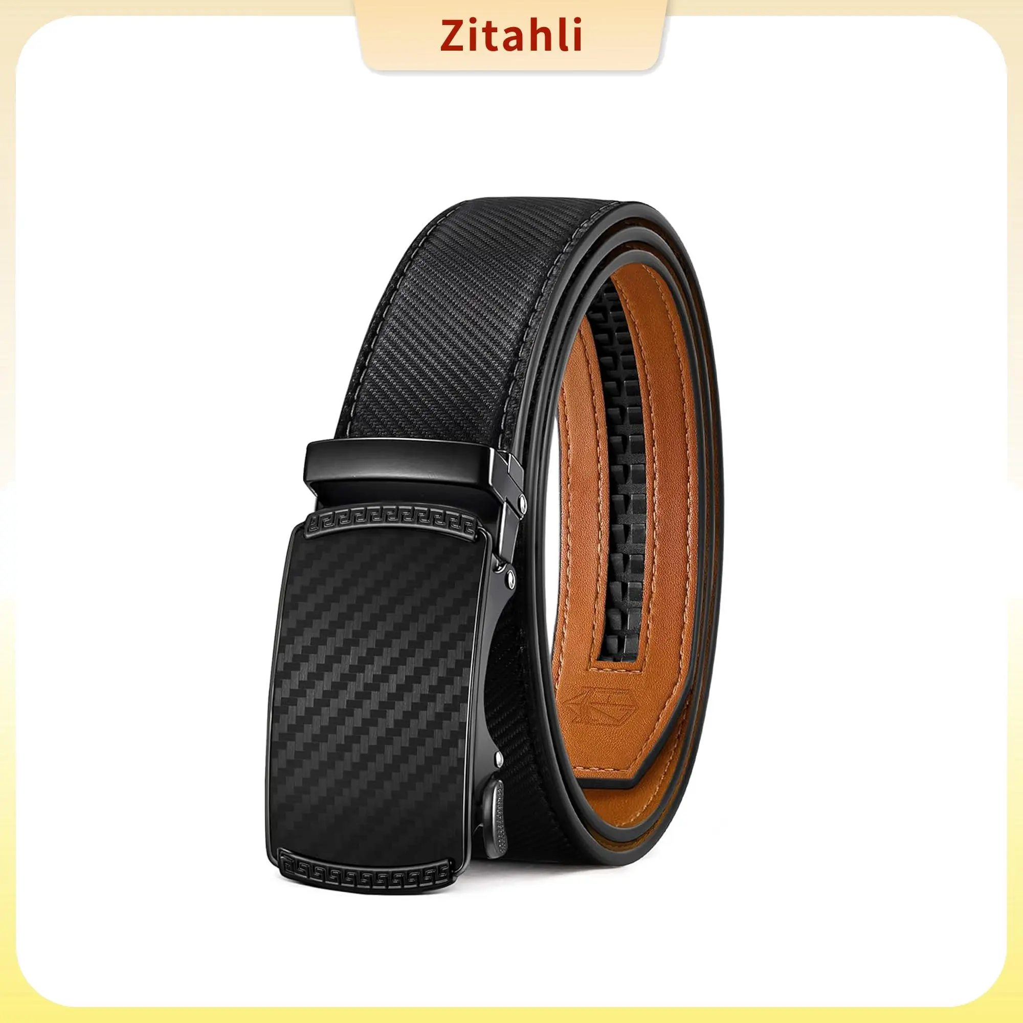 Zitahli Men's Genuine Leather Automatic Ratchet Belt—featuring a hole-free, micro-adjustable design that allows for easy length trimming to ensure a perfect fit; suitable for both dress trousers and casual jeans; comes in premium gift box packaging.
