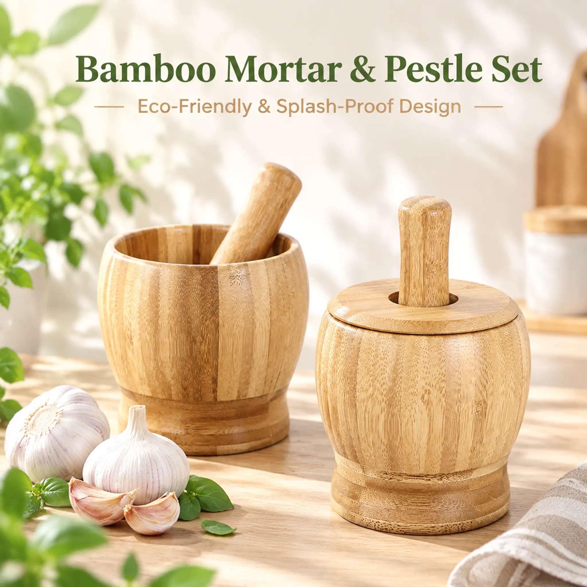 Bamboo Mortar and Pestle Set with Lid Spice Grinder kitchen Cooking Tools for Herb Spice Mixing Grinding Bowl Kitchenware