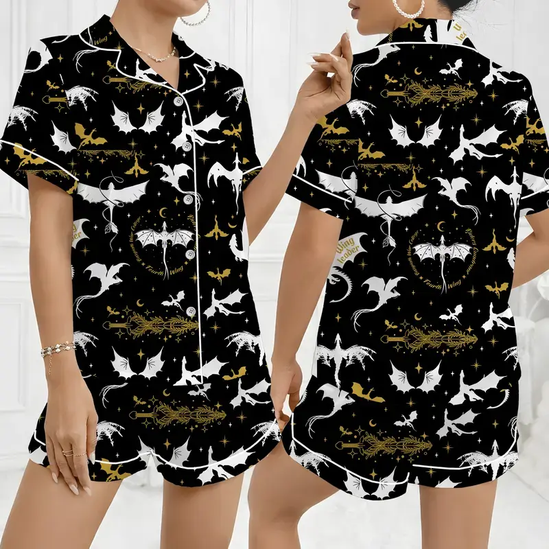 Women's Fantasy Dragon Print Satin Pajama Set, Short & Long 2-Piece Sleepwear