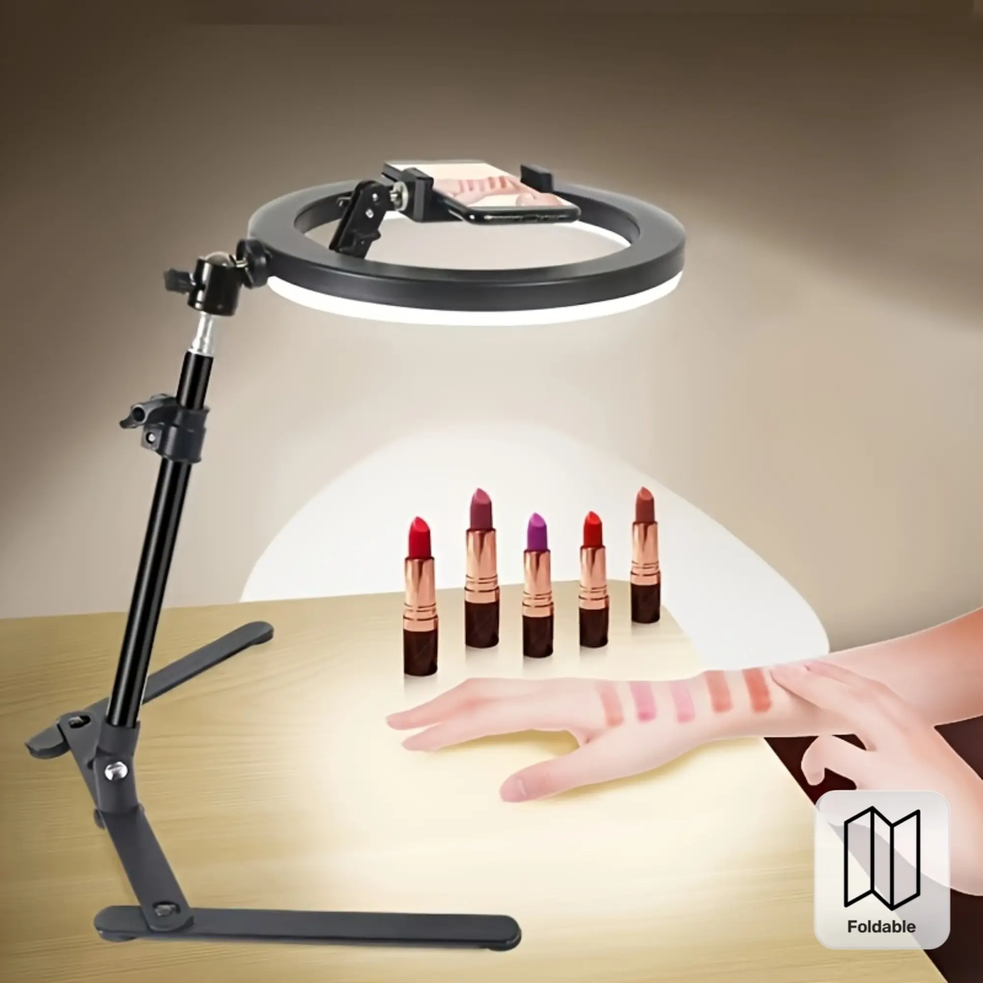 360-Degree Rotatable Adjustable Metal Cellphone Stand Accessory with USB-Charging Live-Streaming Beauty Light, Ideal for Selfie, Food Photography