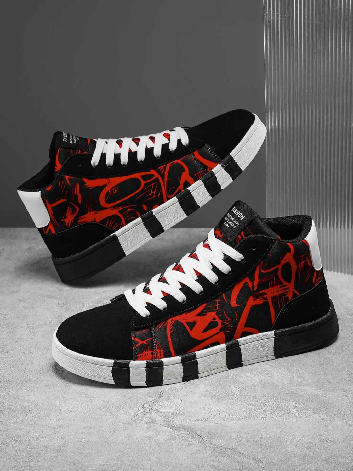 Men's Fashionable Casual Colorblock Letter Print Lace Up High Top Skate Shoes, Stylish Striped Pattern Design Skate Shoes for Daily Wear