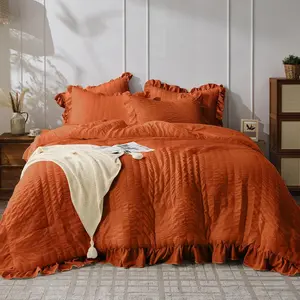Burnt Orange Comforter Full Size, 3 Seersucker Lightweight Full Size, Fluffy Microfiber Comforter with 1 Ruffle Comforter and 2 Ruffle Pillowshams