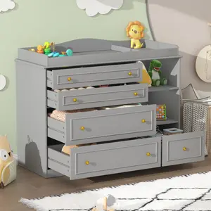5-Drawer Baby Changing Table Dresser | Adjustable Shelves + Metal Handles | Curved Wrapping Design | Nursery Diaper Station