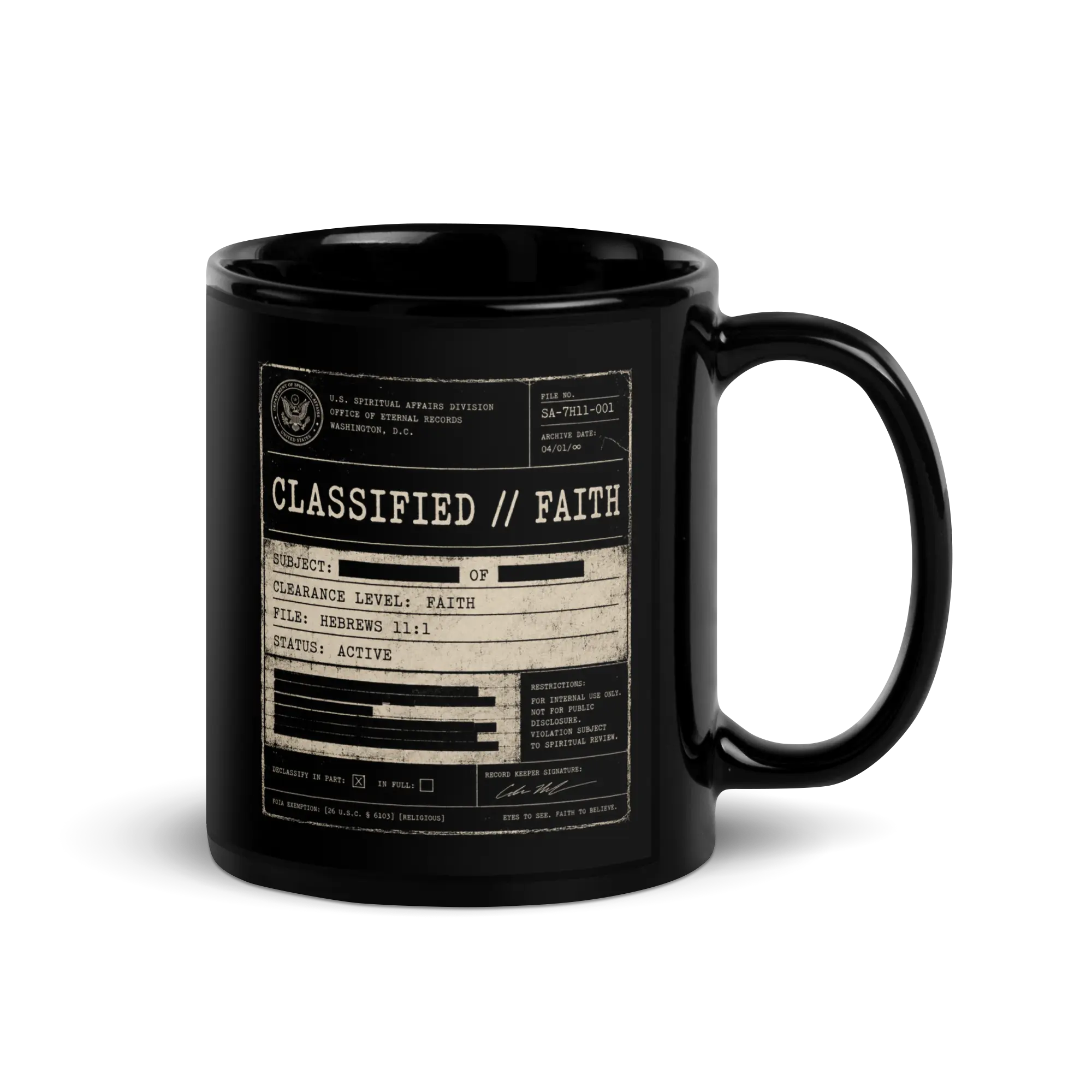 Classified Faith Hebrews 11:1 Black Christian Mug