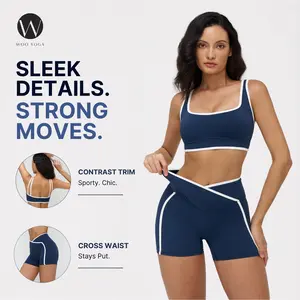 WOO YOGA Contrast Trim Workout Set for Women, Square Neck Sports Bra & Cross High Waist Biker Shorts, Matching Athletic Set for Gym & Yoga, Activewear Set