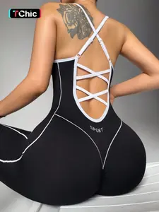 Women's Seamless High Stretch Knit Halter Jumpsuit Tight Fit Nine-Quarter Pants, Back Cross Shoulder Straps, Outdoor Cycling Gym Yoga Daily Wear