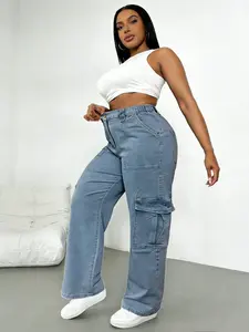 Women's High Waist Stretch Denim Pants, Womenswear, Plus Size Casual Fashion Wide Leg Cargo Jeans, American Vintage Style, Slim Wide Leg, Multi-Pocket, Elastic Waist, Washed Denim, All-Season Wear, Medium Wash