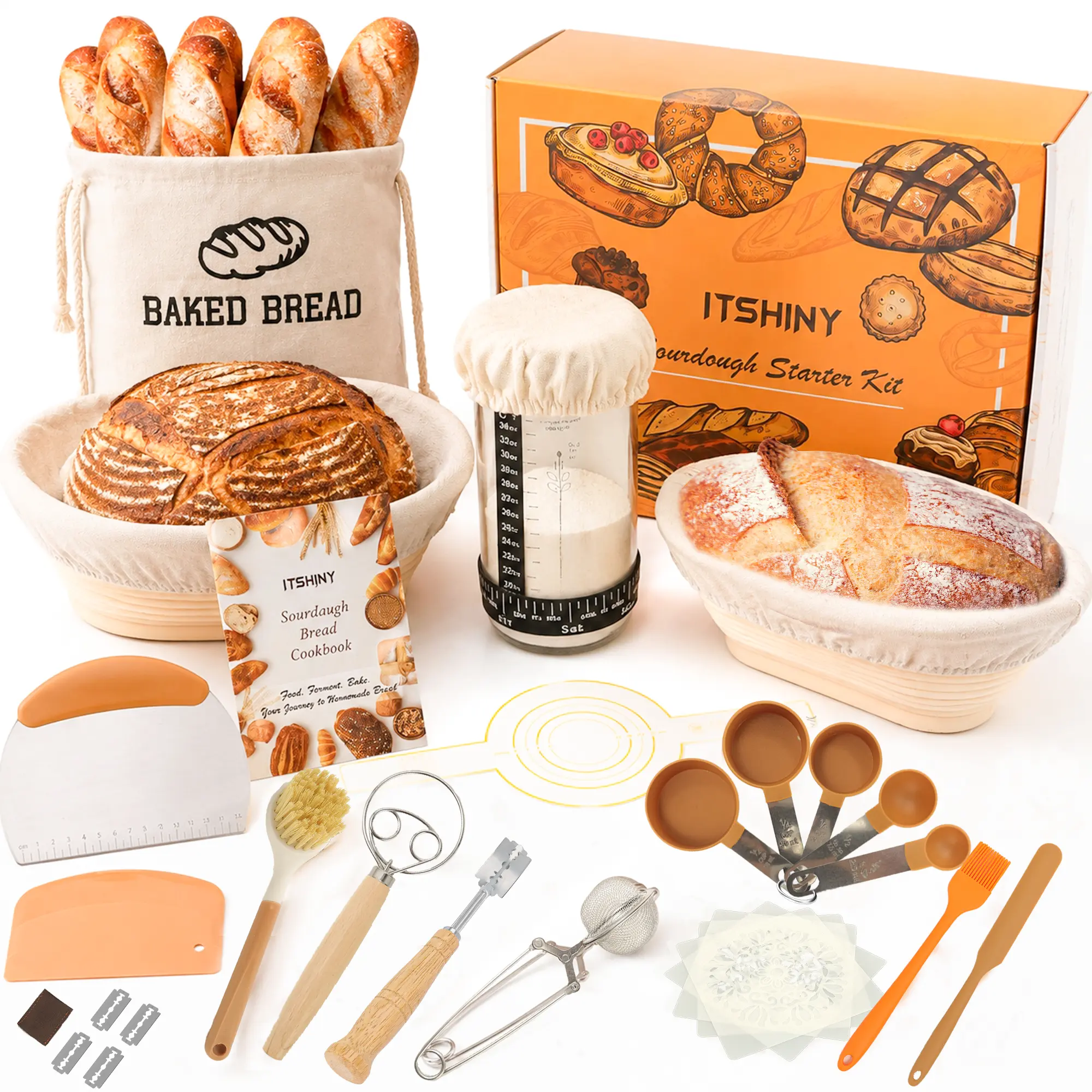 Sourdough Starter Kit with Silicone Banneton Baskets (Round & Oval), Bread Sling, Starter Jar, Dough Whisk & Complete Bread Baking Supplies – Perfect Gift for Beginners