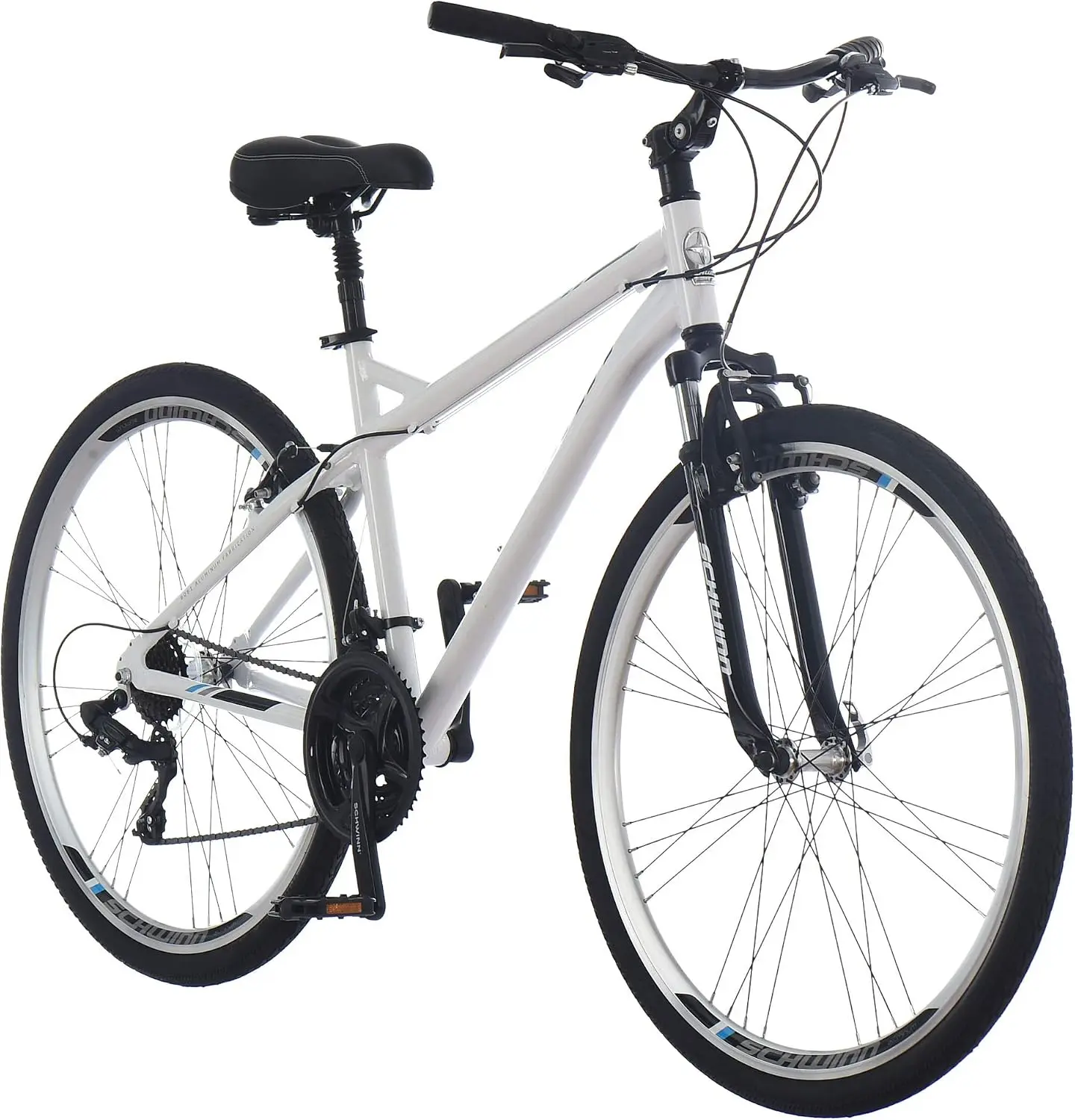 Schwinn Network 3.5 Hybrid Bike, Mens and Womens Bike, 21-Speed Hybrid Bicycle, Aluminum Frame, Suspension Seat, Alloy Linear Pull Brakes, Adult Bicycle