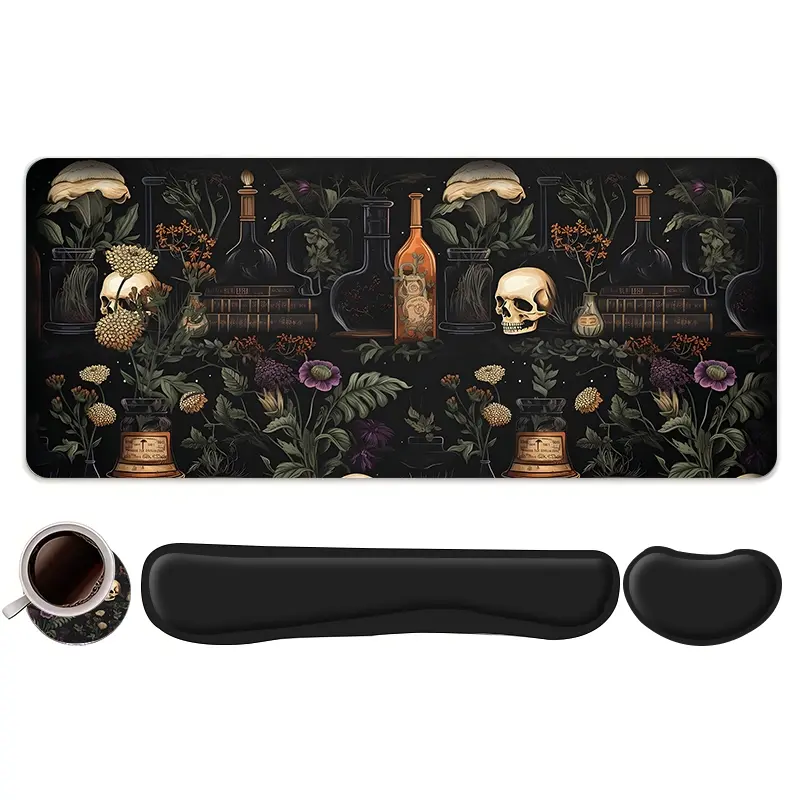4pcs Gothic Alchemy Skull and Botanical Design Mouse Pad + Keyboard Wrist Rest, Mouse Pad With Wrist Rest + Coaster Set For Desktop Decoration, Office Accessories