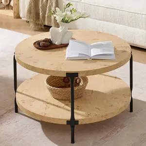 Round Boho  Coffee Table - 29.1" Farmhouse  Circle Wooden 2-Tier Coffee Tables Living Room Furniture, 29.1" D x 18.3" H, Burl  Color