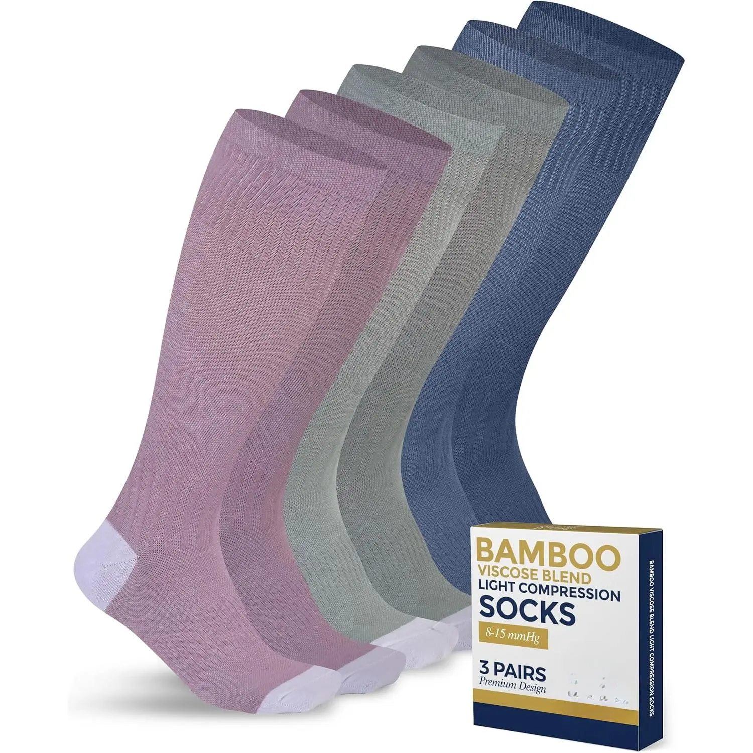 Bamboo Viscose Light Compression Socks - 3 Pairs |     8-15 mmhg Compression Socks |     Knee High Comfort Support Socks