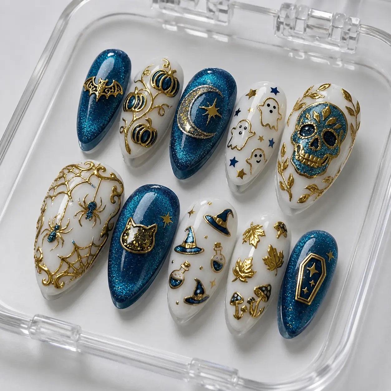 Halloween Witch Press On Nails | Blue Cat Eye Skull Ghost Pumpkin Spider Web Moon Bat Gold 3D Almond Nails, Spooky Celestial Nail Art