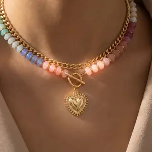 Boho Heart Duo Set Dopamine Colorful Beaded Necklace Ethnic-Style Collarbone Chain with Stackable Heart Pendant for Stylish Looks and Versatile Jewelry