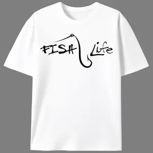"Fish Life" Fishing Hook Handwritten Graphic Print Men’s T-Shirt, Unisex Fishing & Outdoor Style Casual Short Sleeve Tee