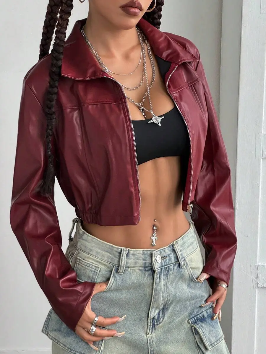 LUNA LAYER Womens Burgundy Leather Cropped Jacket Long Sleeve Single Breasted Casual Outerwear