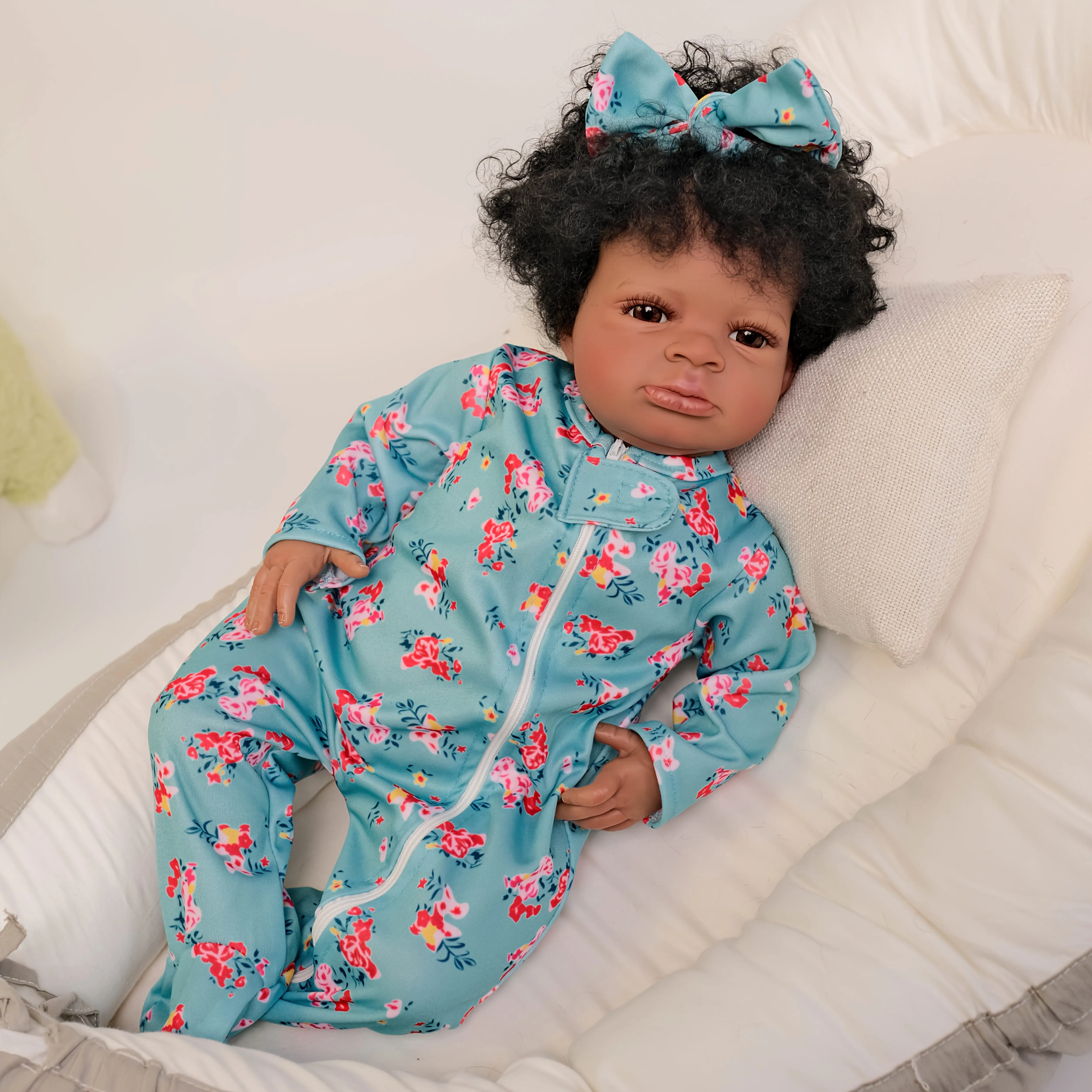Lifelike African American Baby Doll - Realistic Newborn Girl with Curly Hair,  Expressive Eyes - Educational Pretend Play Toy for Kids Age 3+ - Collectible Realistic Reborn Doll - Handcrafted Details Soft Silicone Reborn Doll with Washable Feel