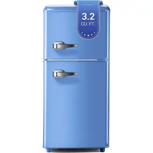 Retro Mini Fridge with Freezer 3.2 Cu. Ft. Compact 2-Door Vintage Refrigerator for Home Office RV Blue 7-Level Thermostat Adjustable Shelves Energy Efficient Quiet Operation