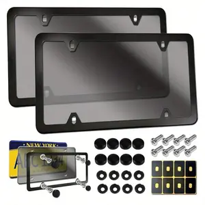 2 Sets Universal License Plate Cover Frame Combo - Durable Flat Car Tag Protector, Black Aluminum Frame Holder With Screws And Caps, Weather-Resistant, Easy Installation, And Rust-Proof