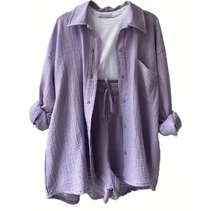 New Style Button Cardigan in Solid Color, Casual Loose Long Sleeve Top Paired with Elastic Waist Shorts 2 piece sets women loungesetwomen Minimalist Short Basic Comfort Womenswear