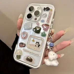 DIY Cute Fun Cartoon Cat Resin Decal + Adorable Hanging Charm 2-in-1 Transparent Protective iPhone Case Cover for iPhone 17/17 Pro/17 Pro Max/17 Air/16 Pro Max/16 Pro/16/15/14/13/12/11 Series Adorable Hanging Charm