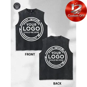 Summer Retro Customized Men's Training Sleeveless T-shirt Custom Double-Sided "Your Logo Could Be Here" 100% Cotton Vintage Washed Black Sleeveless Tank Top – Personalized Retro Streetwear Tee for Men & Women, Perfect for Branding, Events, Team Uniforms