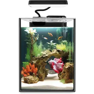 Glass Betta Fish Tank 1.5 Gallon Small Aquarium Starter Kit with LED Light Power Filter 4mm Glass Black for Beginner Fish Lovers
