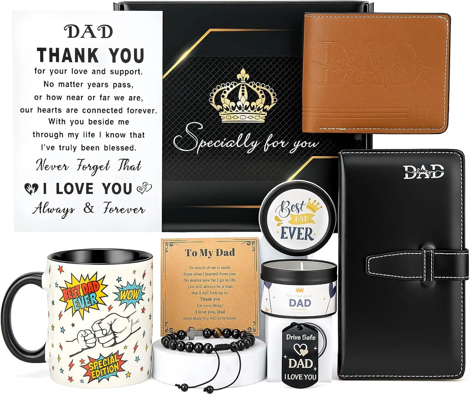 Father’s Day Gifts for Dad – Best Dad Ever Gift Basket Set for Men, Birthday Gifts for Father, Daddy, Husband & Boyfriend – Black Gift Box with Mug, Wallet, Bracelet, Notebook & Keychain
