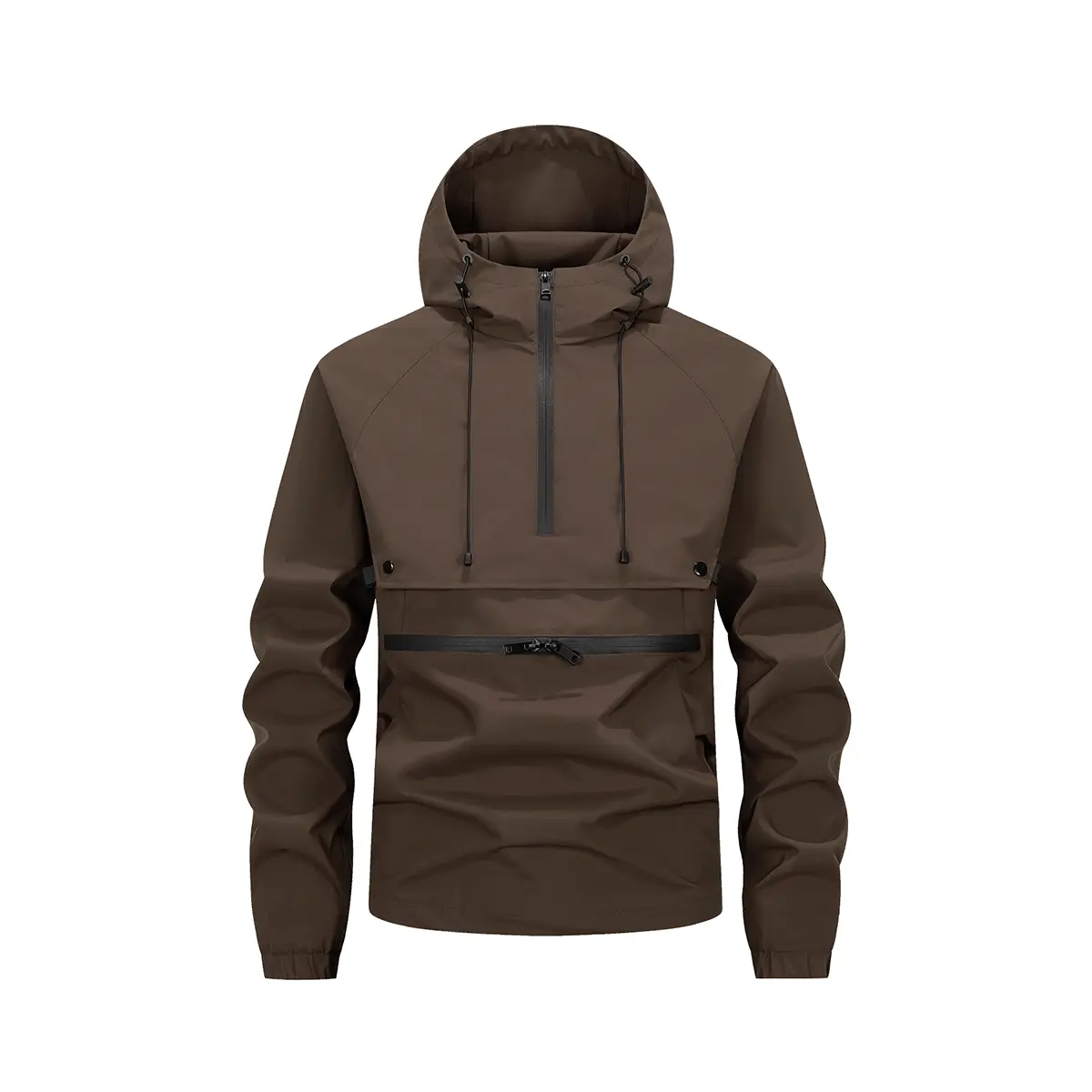 Men Half Zip Hooded Anorak Jacket, Dark Brown Water Resistant Pullover Windbreaker, Adjustable Drawstring Hood & Waterproof Zipper Kangaroo Pocket Outdoor Casual Jacket
