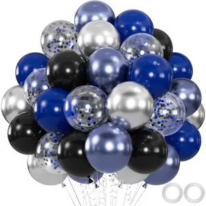 60pcs Blue and Black Balloon, 12" Navy Metallic Blue & Silver Confetti Balloons for 2025 Graduation, Father’s Day, Birthday Party Supplies (66ft Ribbons)