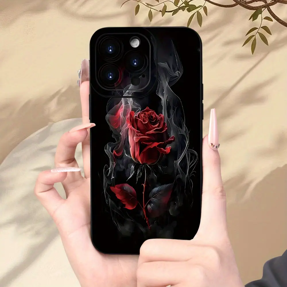 Smoke Rose Printed Plastic-TPU Flexible Cover iPhone Case with Protector - Simple Texture, Lens Protection, Fits iPhone 16,16 Plus,15,14,13 Series,12,12 Mini,11,8,7,SE,XS Max | Phones & Electronics Accessories