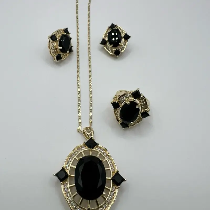 Black Onyx Set: Bold Black Stones with Gold and Crystal Accents, Includes Necklace, Earrings, and Ring, Elegant Jewelry for Women