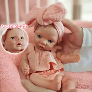 10 Inch Can Open Mouth Full Silicone Girl Doll With Pink Suit Painted Bald 3D Painted Skin Handmade Washable Lifelike Realistic Reborn Doll For Children