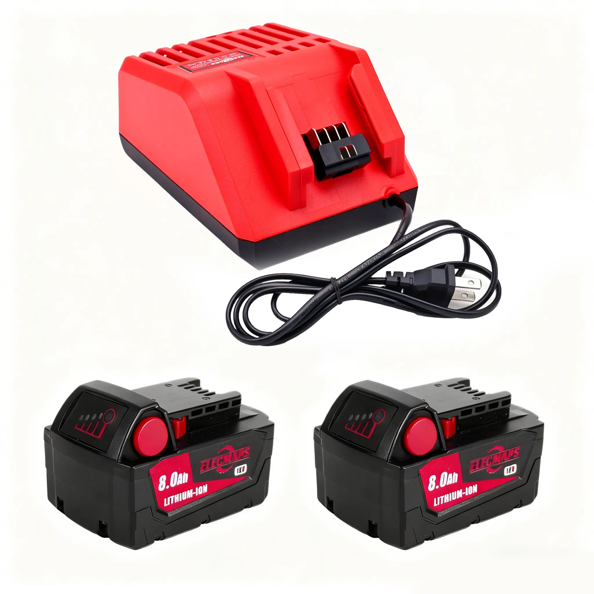 Two-pack 18V 8.0Ah lithium-ion battery and charger set, replacement batteries for cordless power tools.