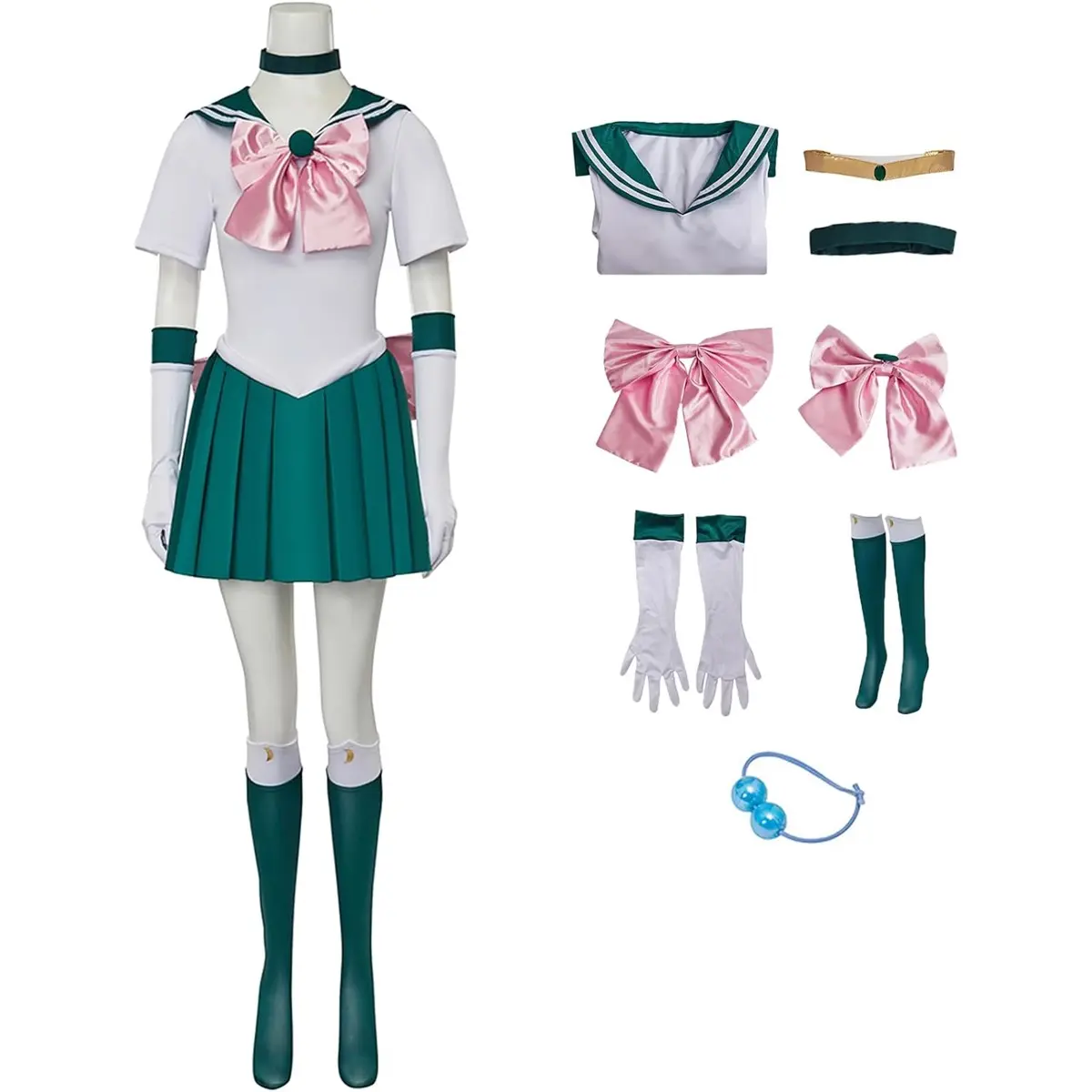 Women‘s Green Sailor Jupiter Makoto Inspired  Combat Uniform Dress Set with Accessories for Themed Events
