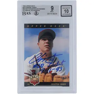 Chipper Jones Atlanta Braves Autographed 1993 Upper Deck #24 Beckett Fanatics Witnessed Authenticated 9/10 Rookie Card with "MLB Debut 9-11-93" Inscription - Fanatics Authentic Certified