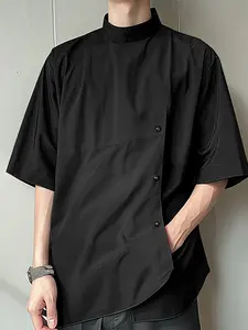 INCERUN Men Shirt Solid Color Basic Korean Style Handsome Men's Stand Collar Shirts Casual Loose Half Sleeve Top Men Clothing Menswear Workwear Short Sleeve
