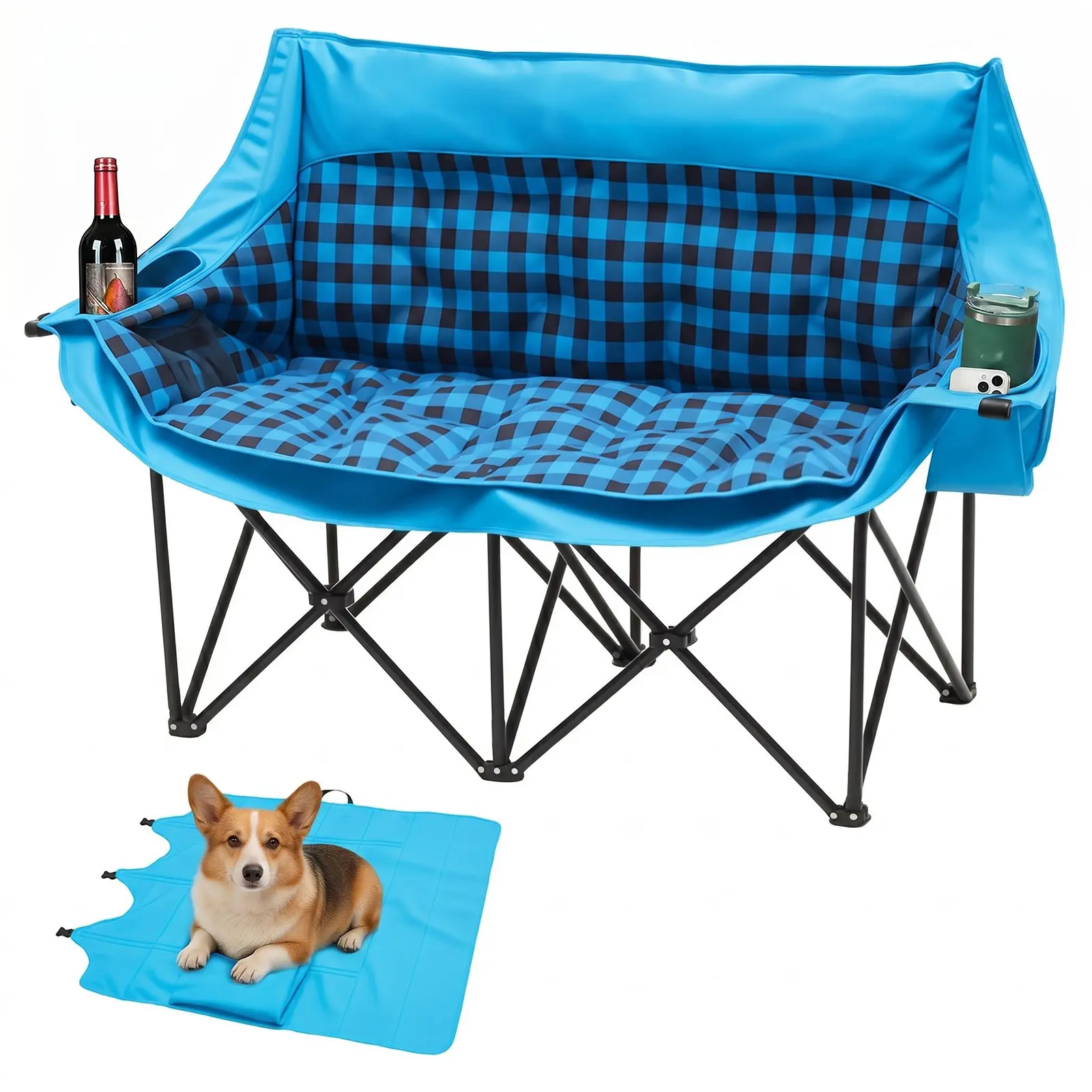 SLSY Double Camping Chair with Pet Mat, Extra Padded Loveseat for 2 Prson, Extra-Large Pocket Heavy Duty Folding Loveseat with Cup Holders for Beach, Camping, Fishing