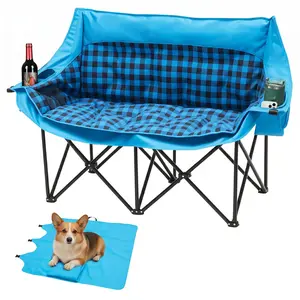 [ SummerVibes ] SLSY Double Camping Chair with Pet Mat, Extra Padded Loveseat for 2 Prson, Extra-Large Pocket Heavy Duty Folding Loveseat with Cup Holders for Beach, Camping, Fishing