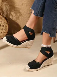 Women's Fashionable Plain Color Wedge Sandals, Casual Comfortable Breathable Espadrilles Sandals for Beach Vacation, Female All-match Round Toe Sandals for Daily Wear, Walking Shoes