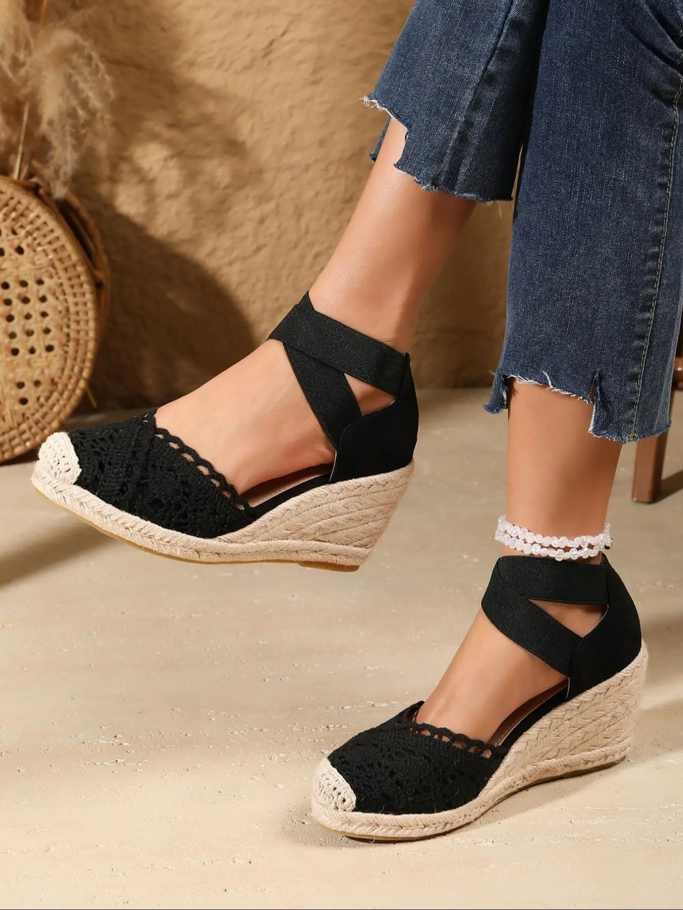 Women's Fashionable Plain Color Wedge Sandals, Casual Comfortable Breathable Espadrilles Sandals for Beach Vacation, Female All-match Round Toe Sandal