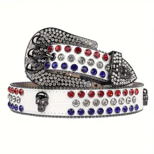 （All handmade）Men's Multicolor Skull Buckle Leather Belt Western American Flag Rhinestone Belt for Men - Edgy Skull Buckle on Vegan Leather, Adjustable Gift for Biker Husband/Dad